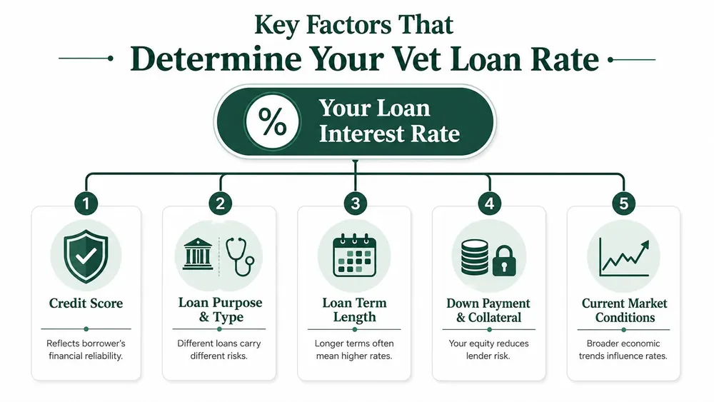An infographic showing five key factors determining veterinary practice loan interest rates, including credit score and market conditions.