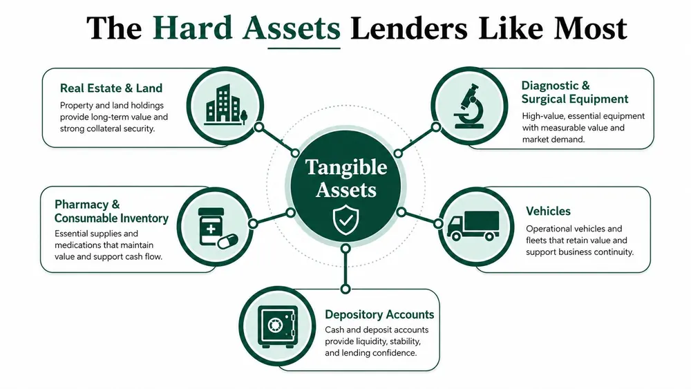 A diagram illustrating common tangible assets that lenders prefer for veterinary practice business loan collateral.