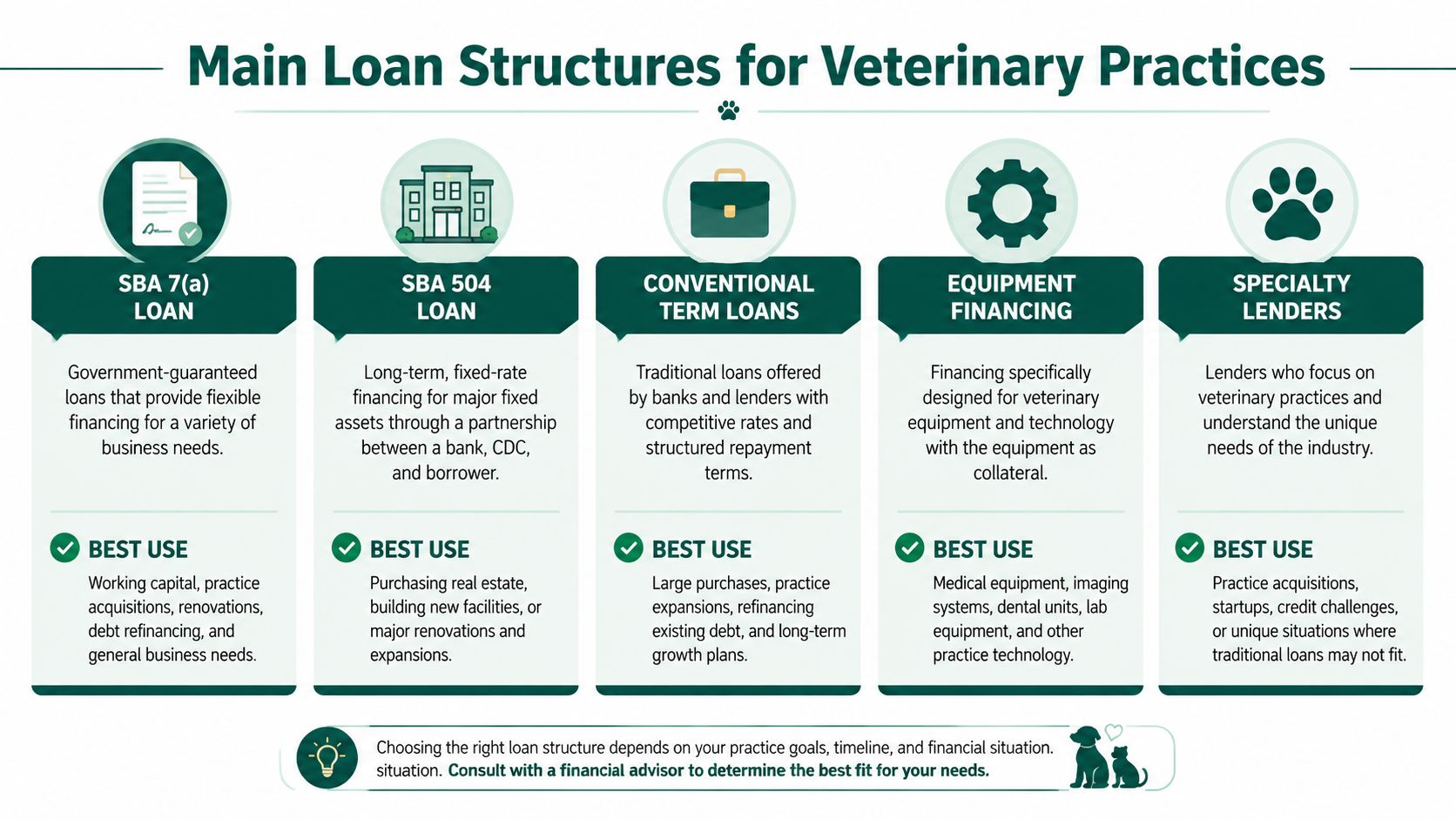 An infographic detailing various loan structures available for veterinary practices, including SBA loans, conventional loans, and specialty lenders.