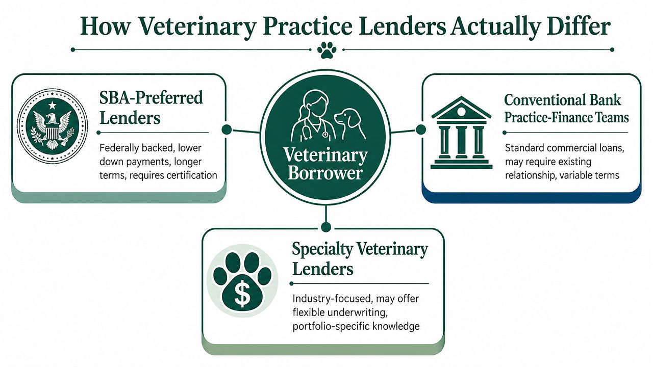A diagram illustrating the three types of lenders for veterinary practices, including SBA-preferred, conventional, and specialty lenders.