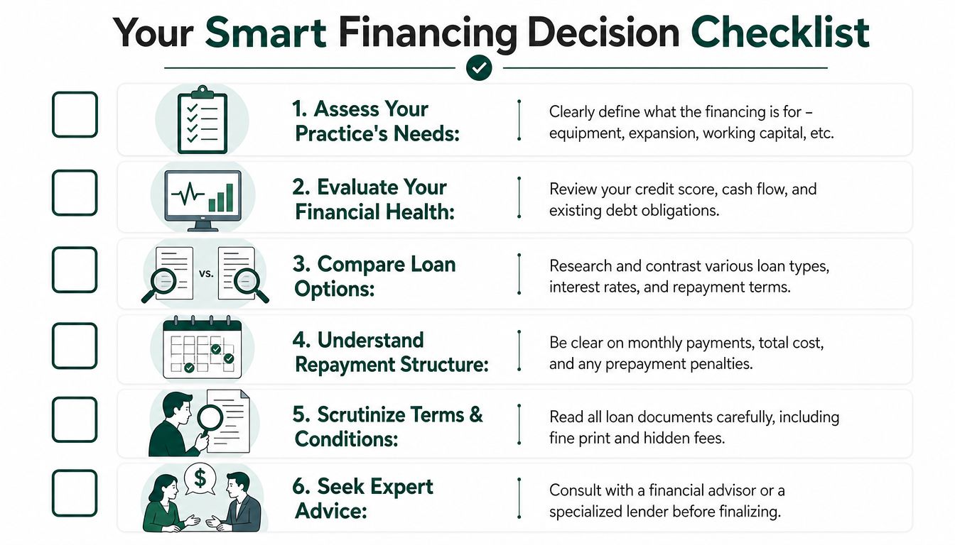A six-step infographic checklist for making smart financing decisions for business or veterinary practice growth.