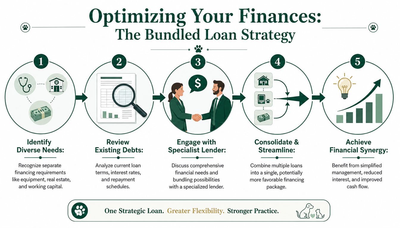 A five-step infographic illustrating a bundled loan strategy for optimizing veterinary practice finances and debt management.