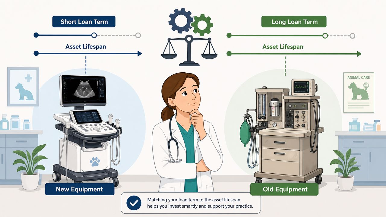 A veterinarian considering equipment financing options comparing new medical technology with older clinical practice equipment assets.