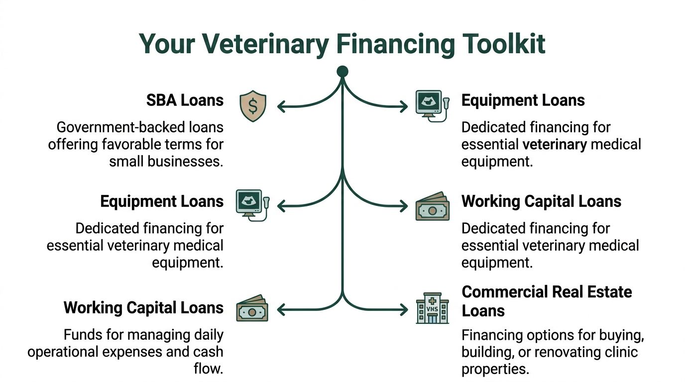 A diagram listing various veterinary financing options including SBA, equipment, working capital, and commercial real estate loans.