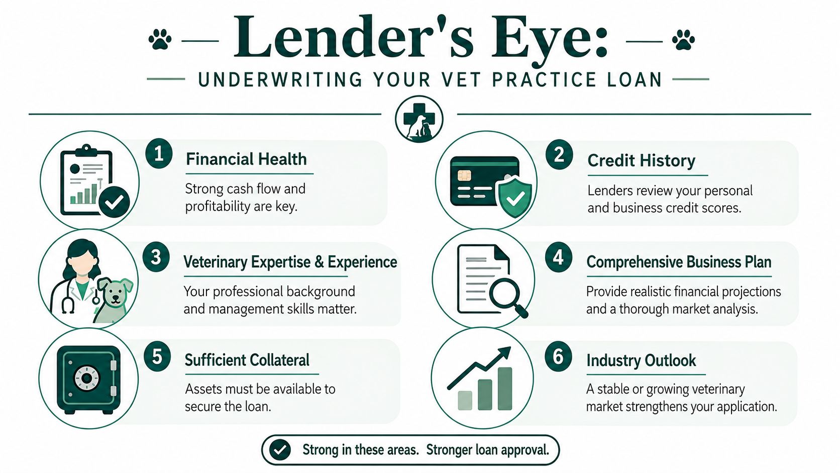 An infographic detailing the six key factors lenders consider when evaluating veterinary practice business loan applications.