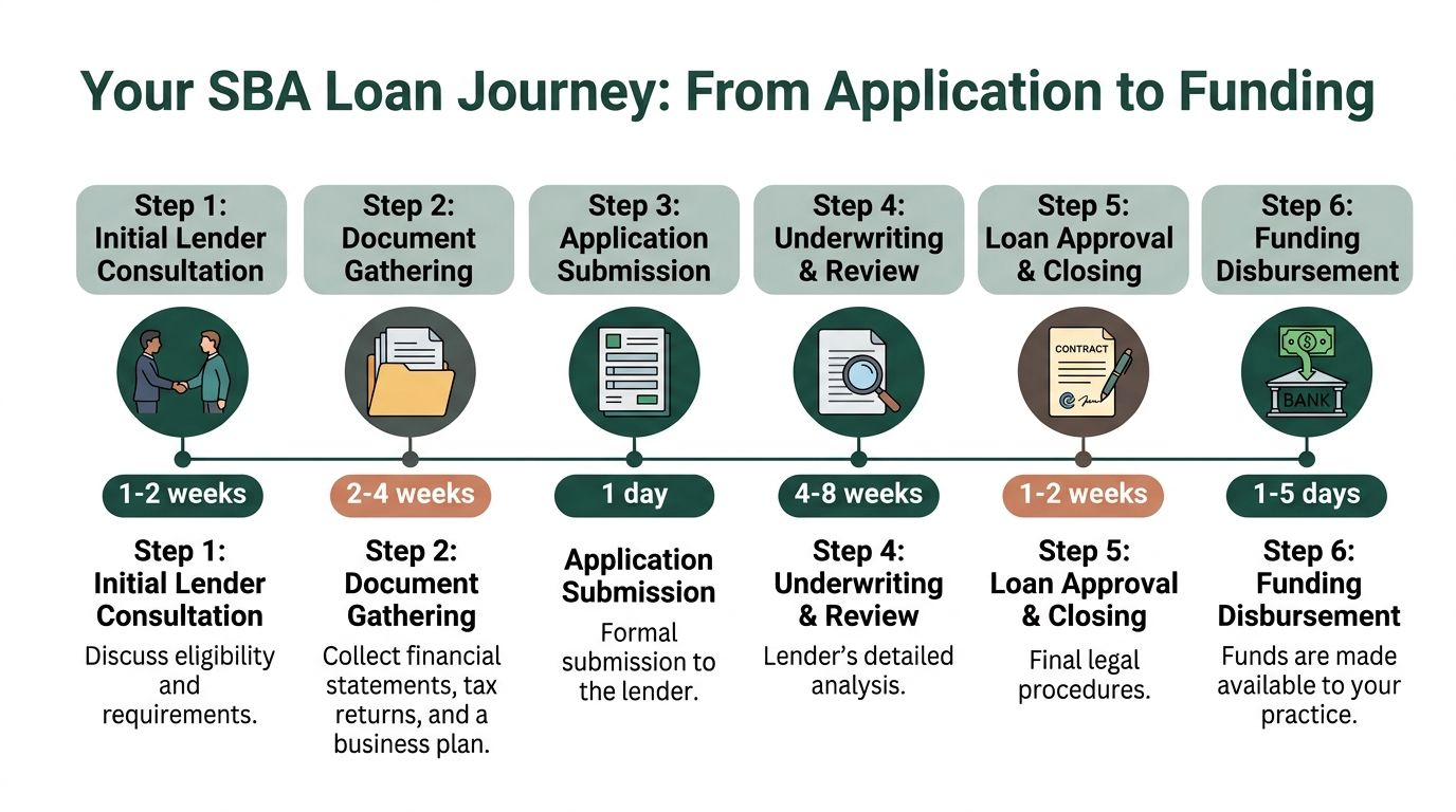 A six-step infographic detailing the SBA loan journey from initial consultation to final funding disbursement.