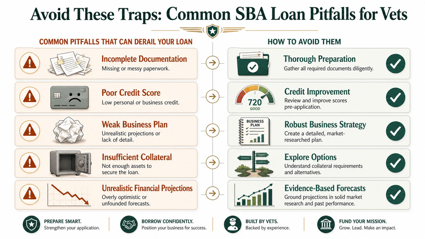 An infographic showing common SBA loan pitfalls for veterans and actionable steps to overcome them.