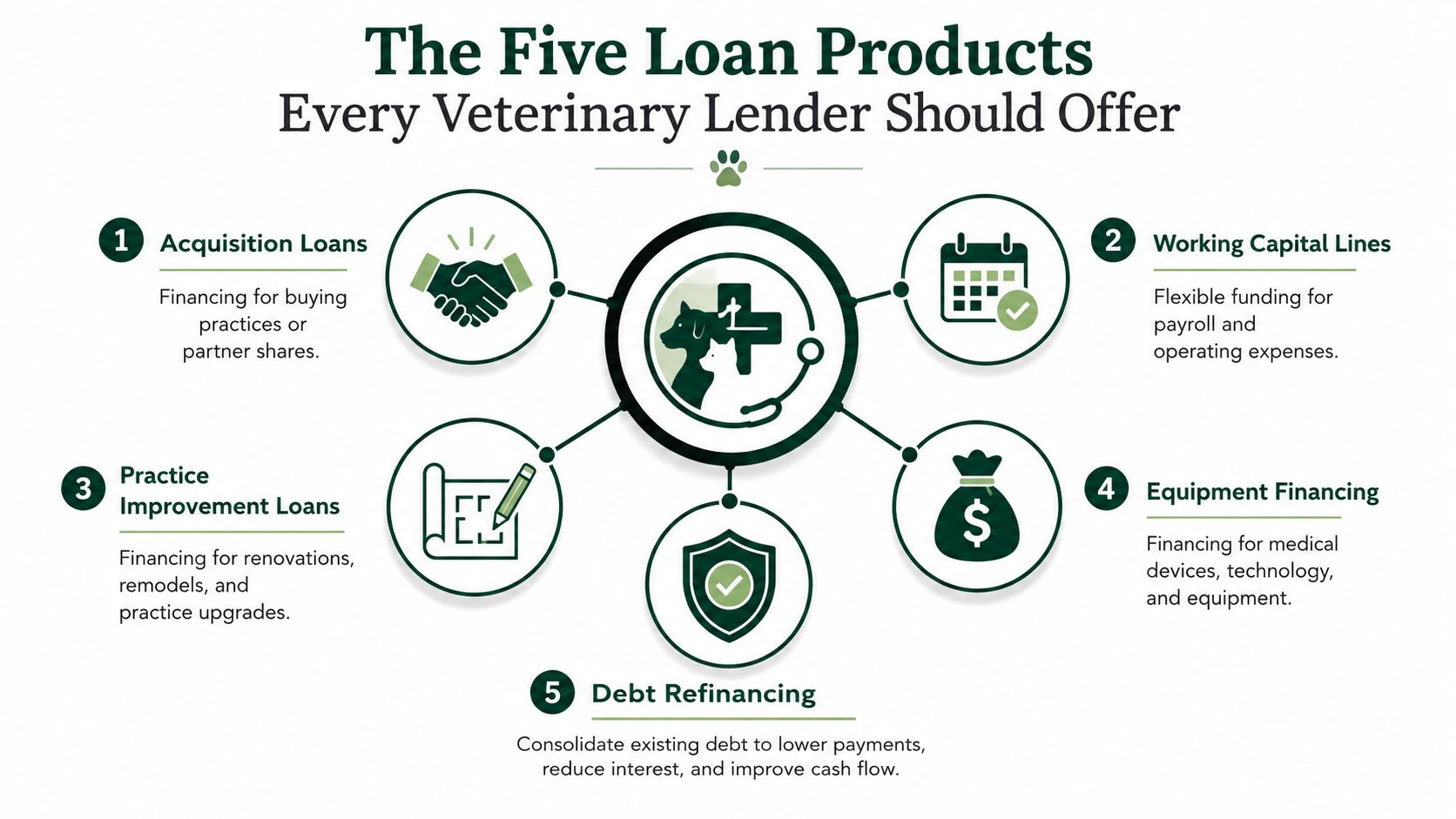 An infographic showing five essential types of loan products tailored for veterinary practice businesses and owners.