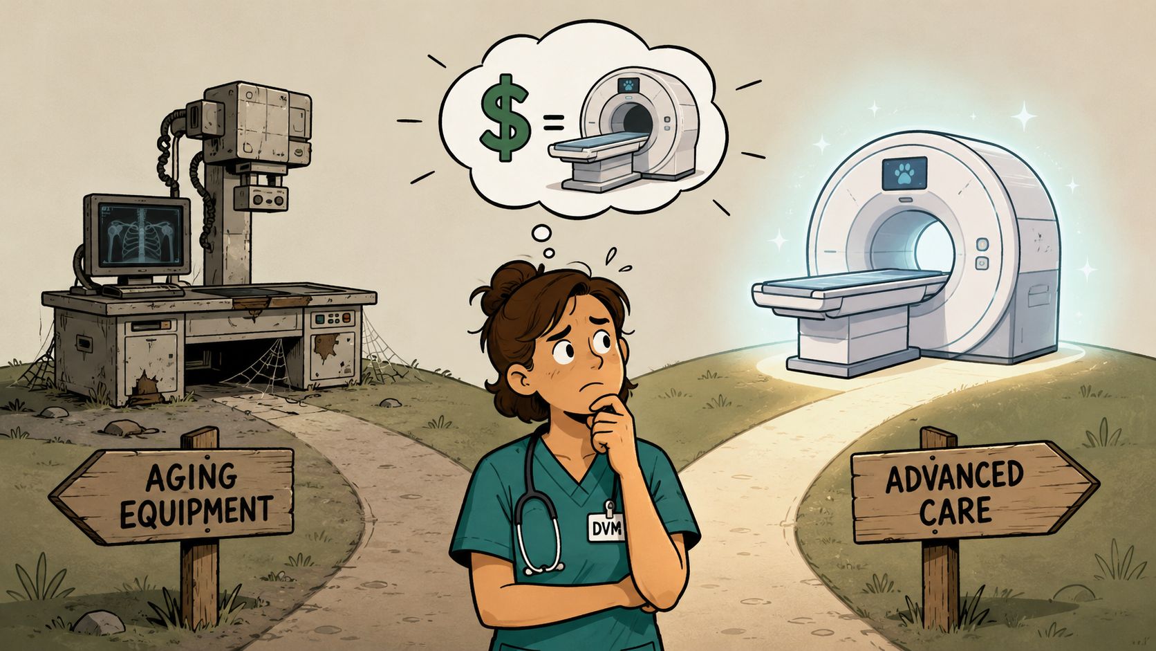 A veterinarian stands at a fork in the road choosing between aging equipment and advanced medical care.