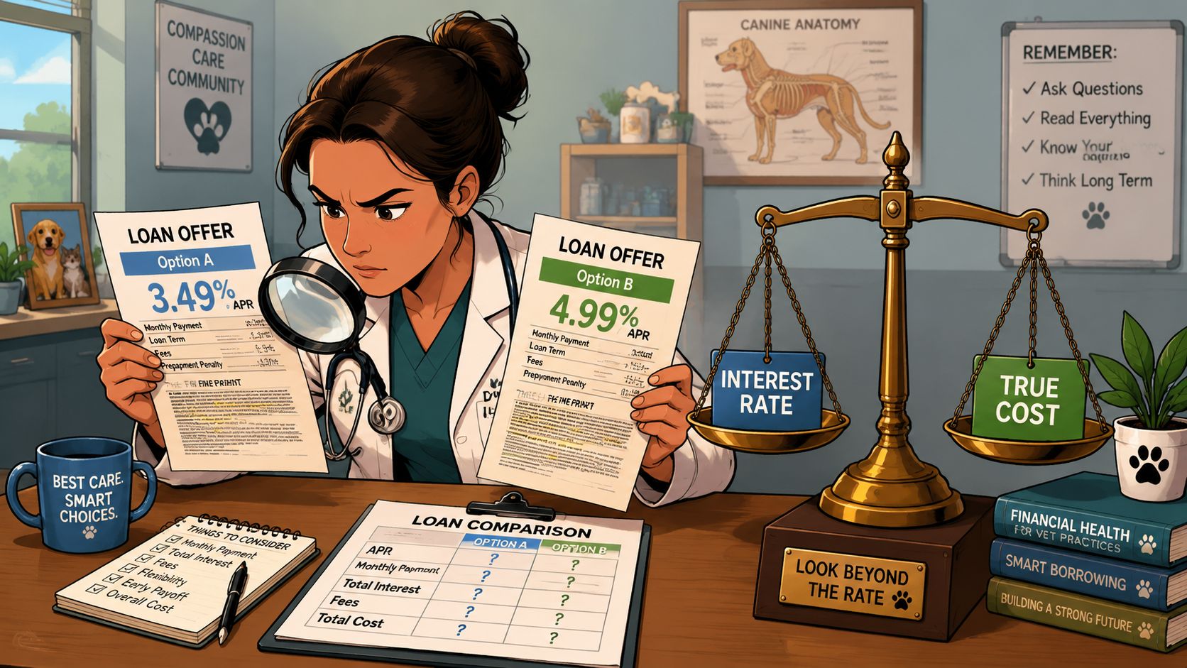 A veterinarian sitting at a desk with a magnifying glass, comparing two financial loan offers for business.