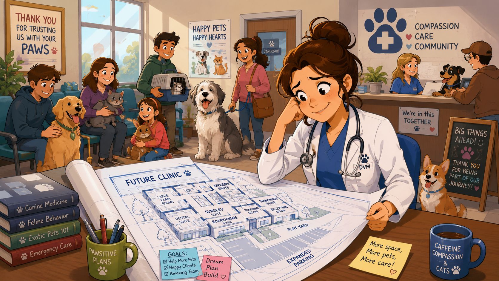 A female veterinarian looking at blueprints for a new veterinary clinic expansion with a waiting room.