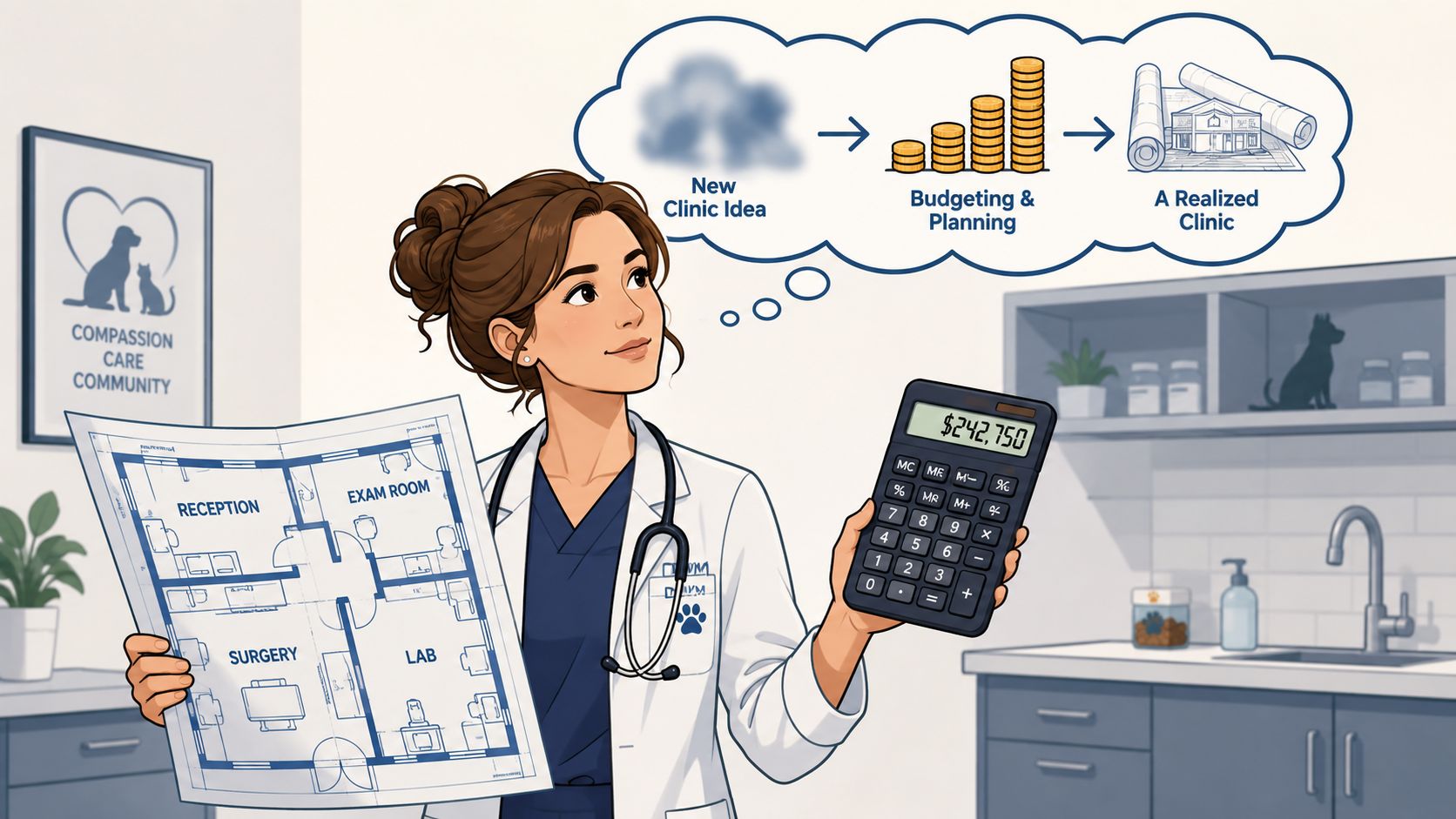 A female veterinarian holding clinic blueprints and a calculator, visualizing the process of financing a new veterinary practice.