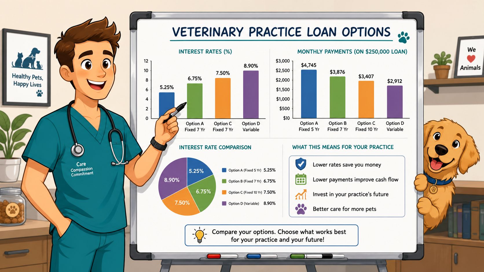 A veterinarian stands by a whiteboard presenting a chart comparing veterinary practice loan interest rates and monthly payments.