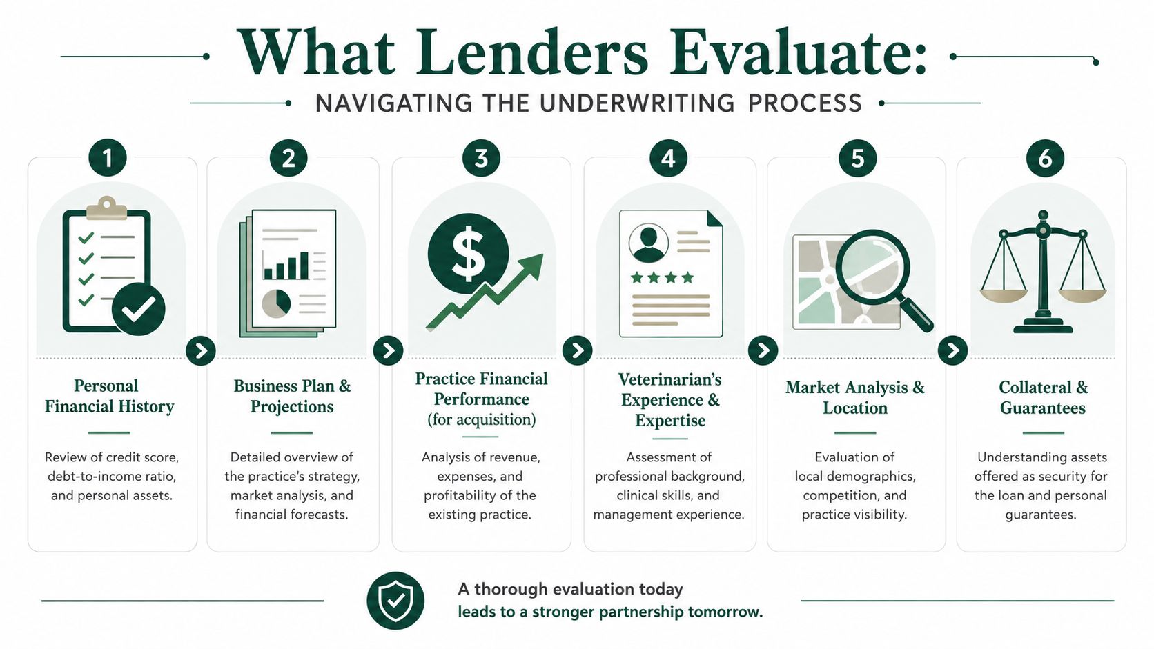 A six-step infographic detailing the loan underwriting process for veterinary practice ownership and business evaluation.