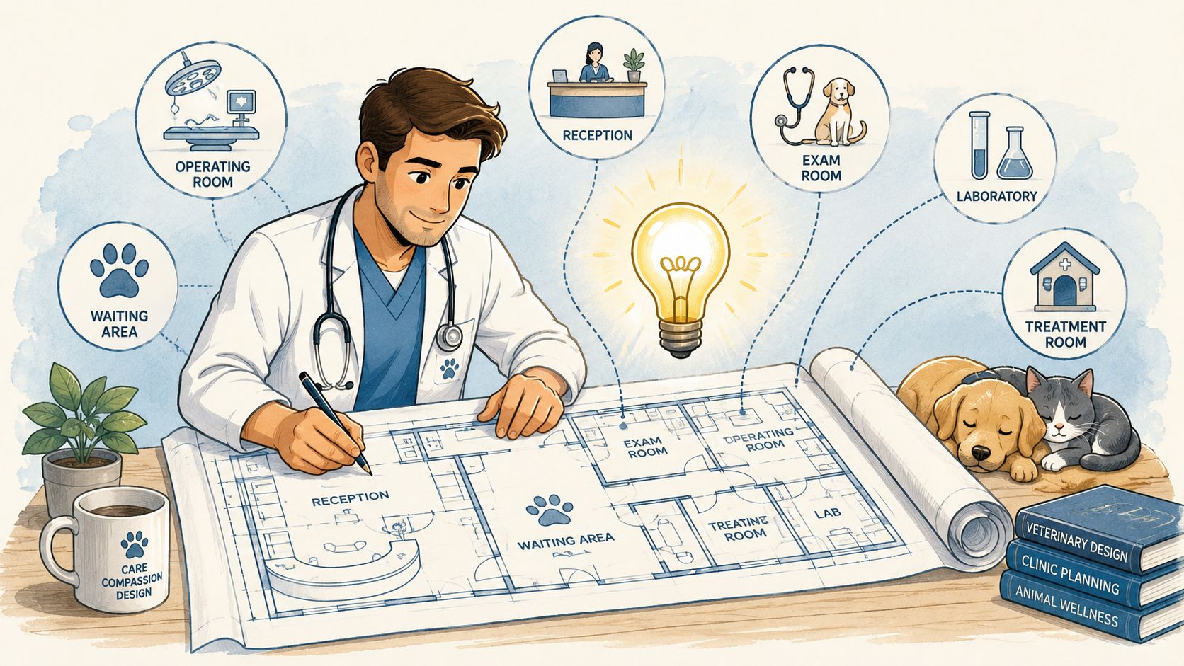 A veterinarian reviews floor plans for a clinic design while surrounded by medical iconography and pets.