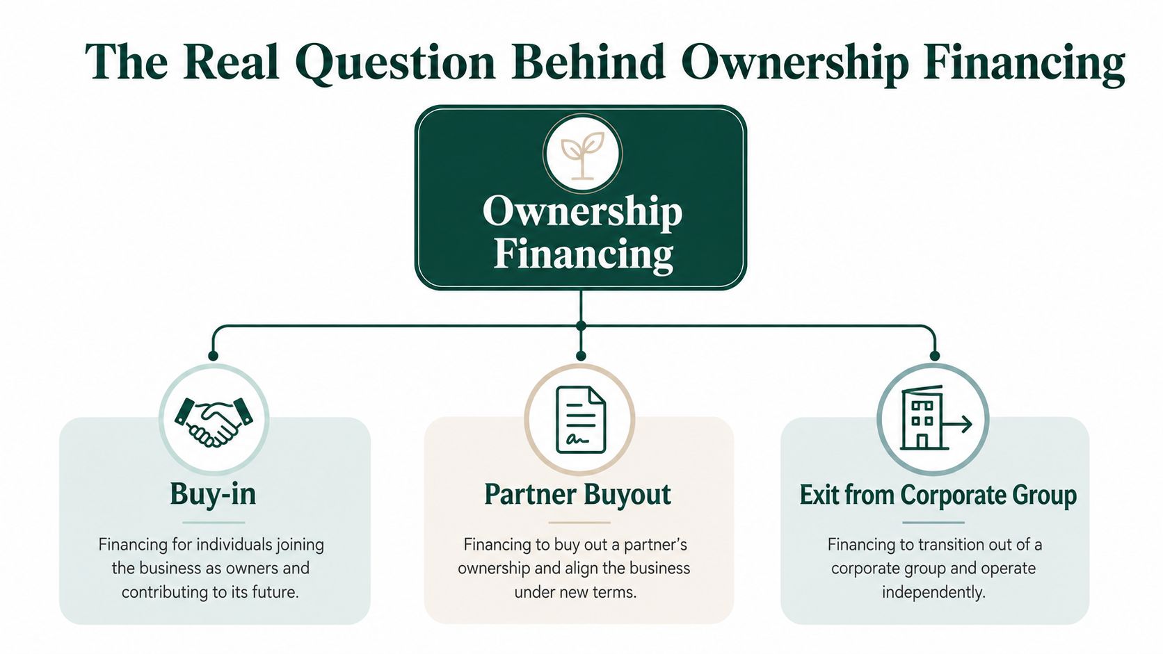 A diagram outlining the three types of ownership financing: buy-in, partner buyout, and exit from corporate group.