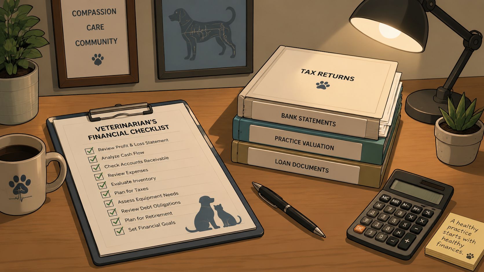 A wooden desk featuring a veterinarian financial checklist, document binders, a calculator, and a lamp.