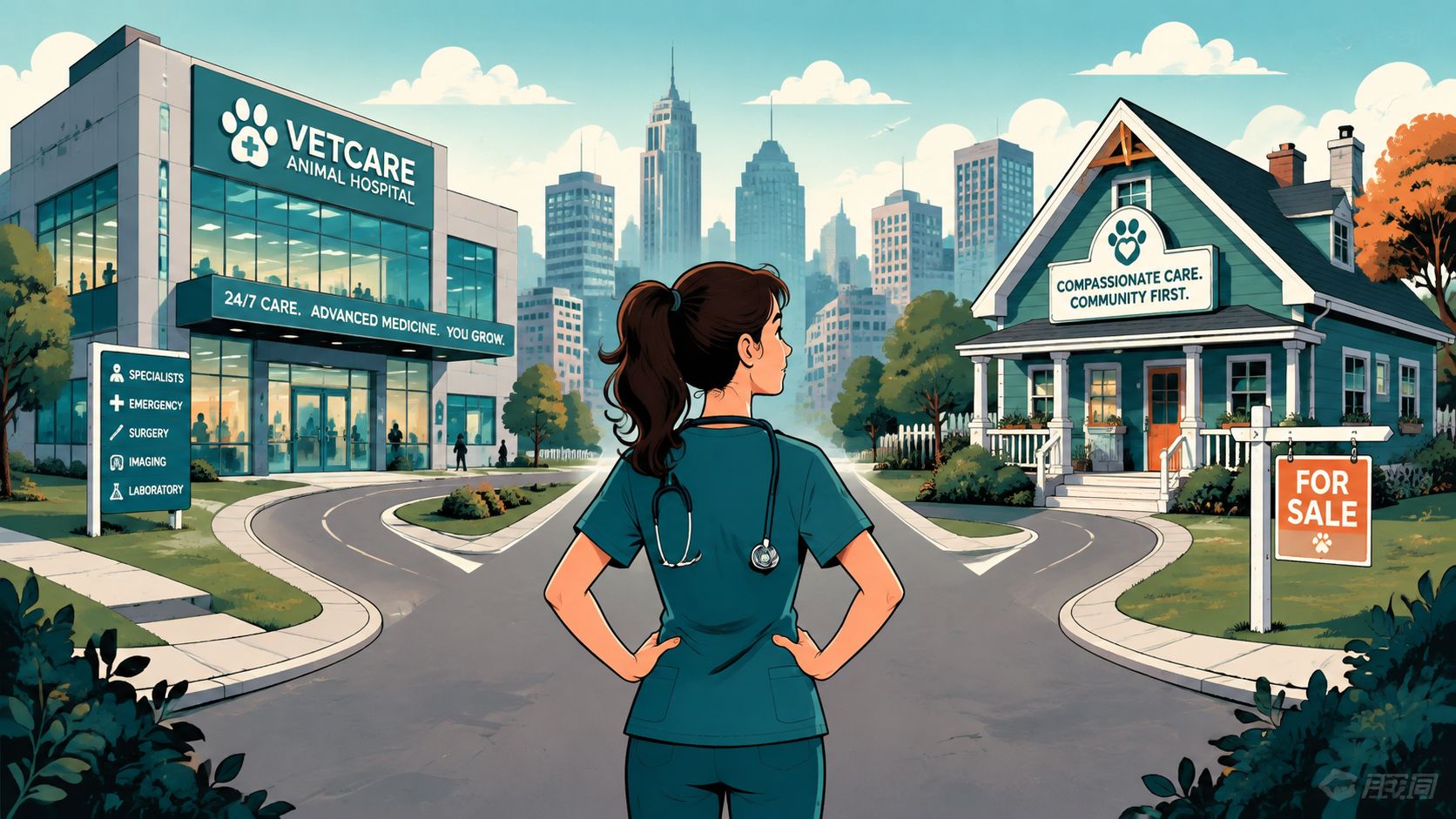A veterinarian standing at a fork in the road deciding between a modern animal hospital and an independent practice.