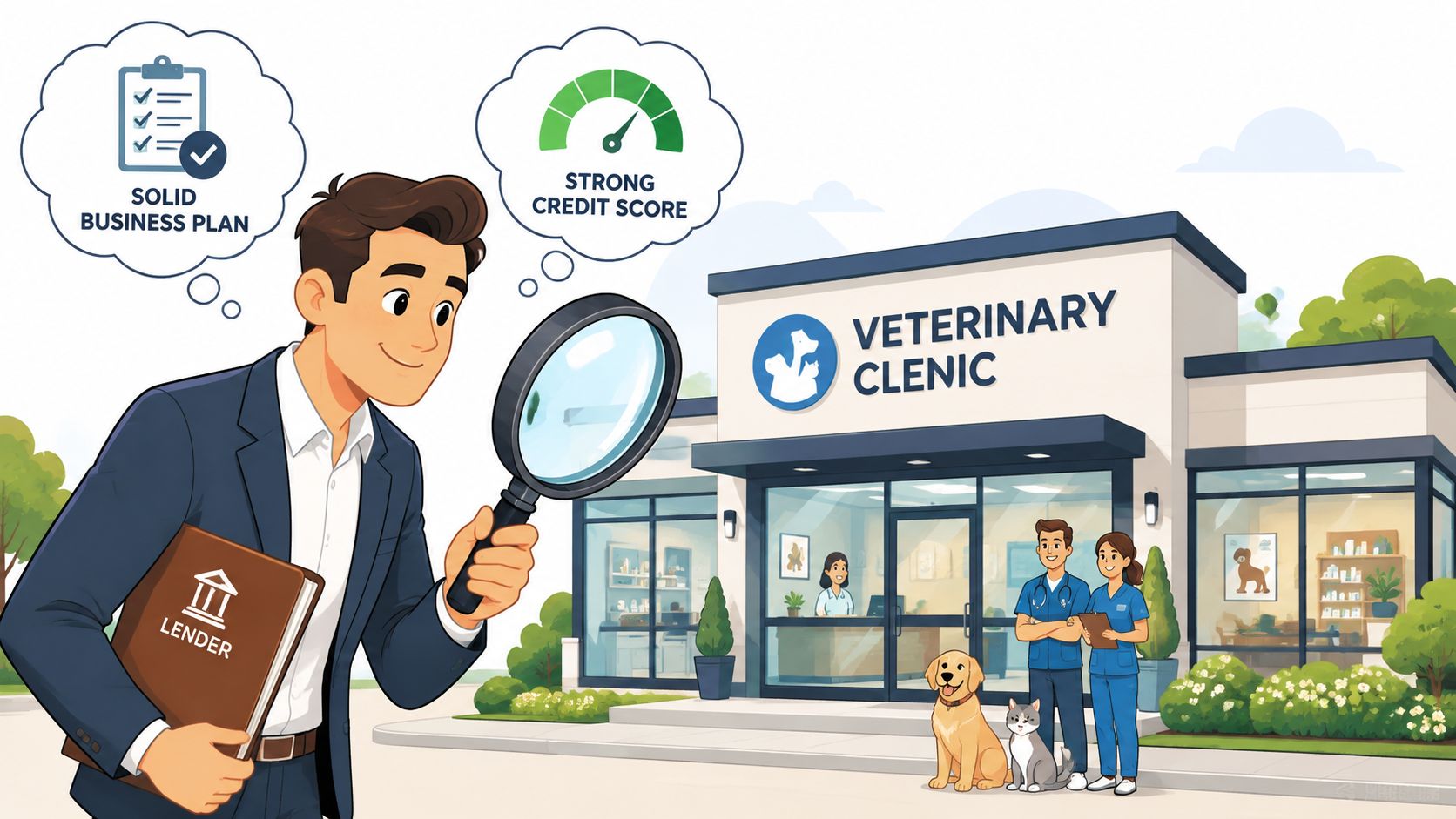 A professional man holding a magnifying glass and a lender folder while thinking about veterinary practice financing requirements.