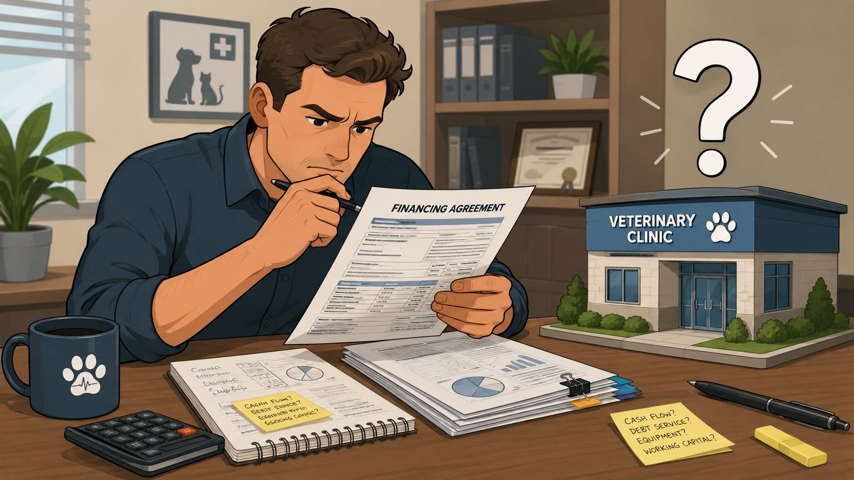 A man reviewing a financing agreement for a veterinary clinic purchase while contemplating business financial needs.