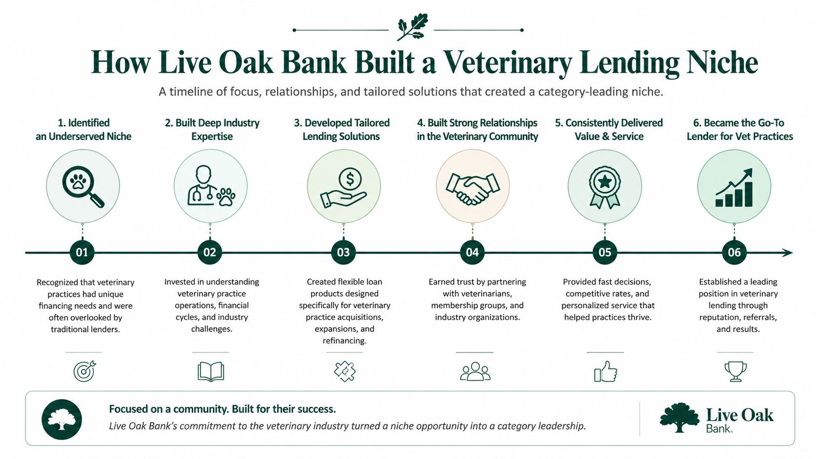 A diagram illustrating the six-step process Live Oak Bank used to build its veterinary lending niche.