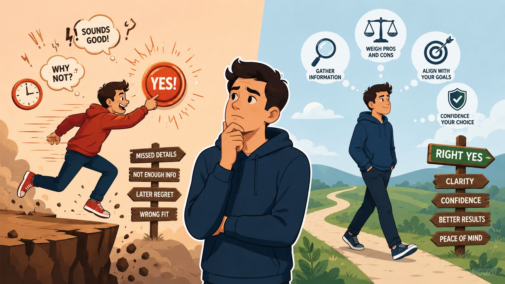 A person contemplating a hasty impulsive decision versus a thoughtful, informed choice with positive outcomes in life.