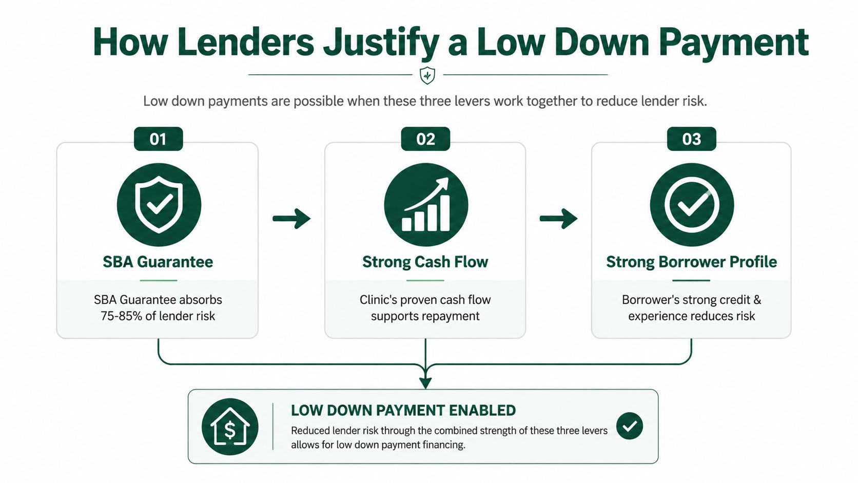 A diagram explaining how SBA guarantees, cash flow, and borrower profiles justify low down payment practice loans.