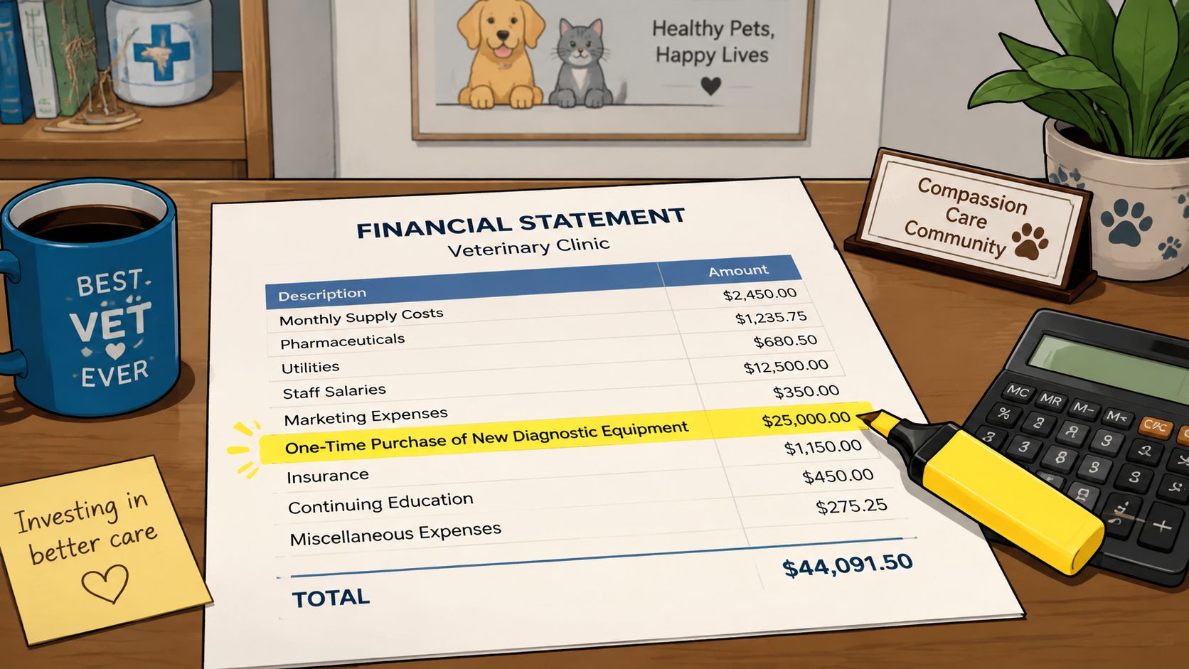 A financial statement for a veterinary clinic resting on a desk with a highlighter and calculator.