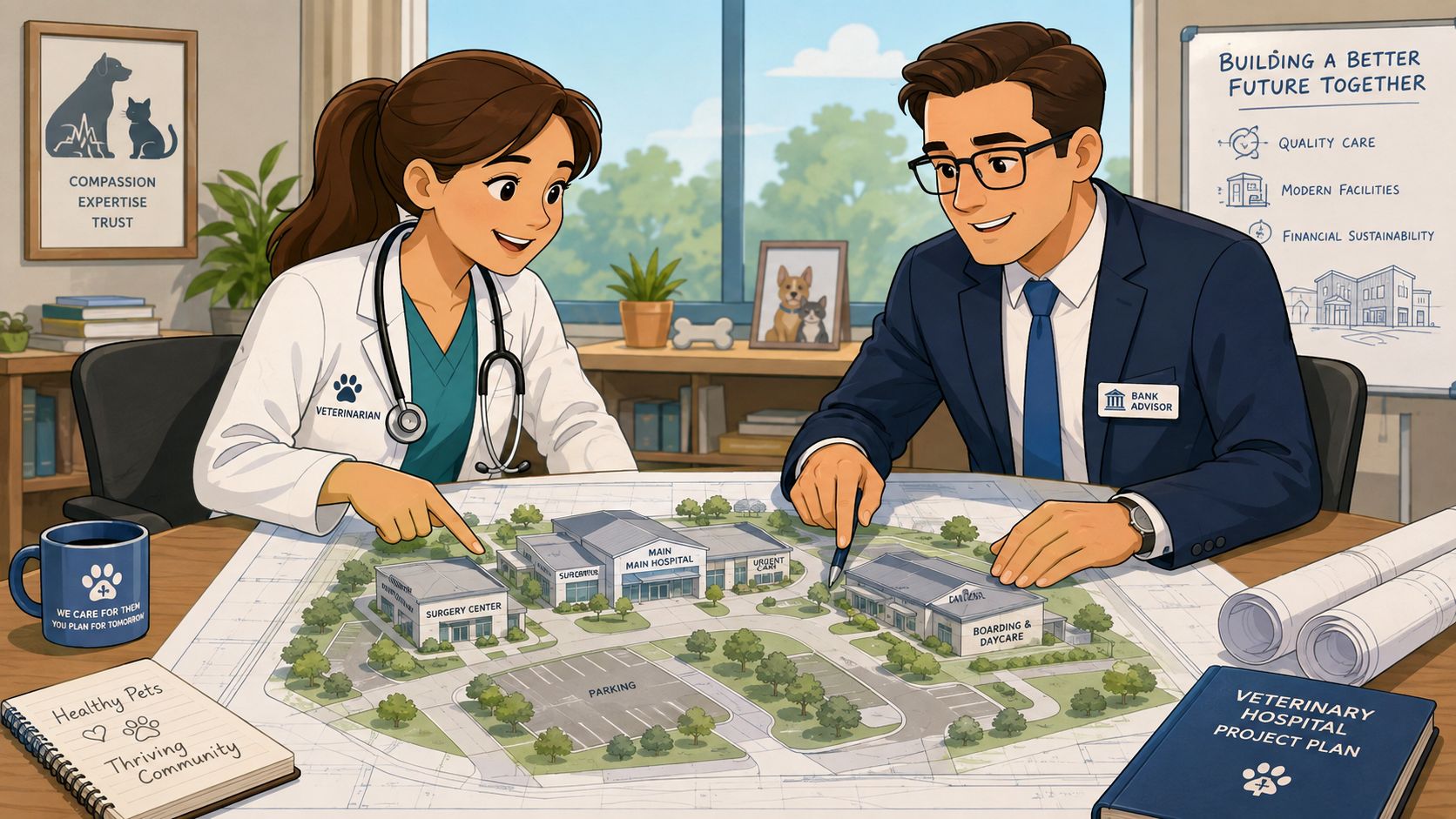 A veterinarian and a bank advisor discussing plans for a new veterinary hospital construction project together.