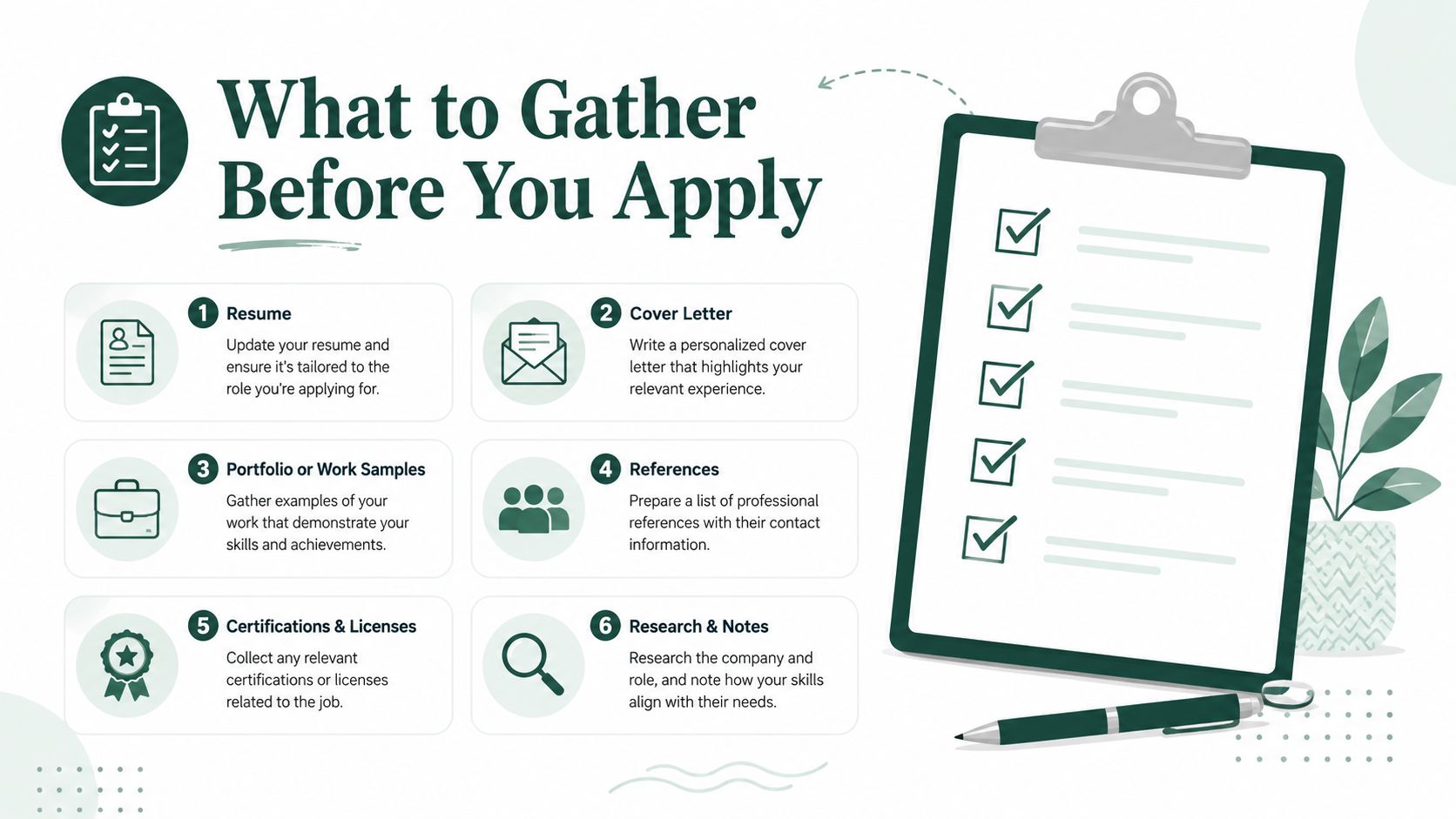 A helpful checklist illustration titled What to Gather Before You Apply for job seekers and professionals.