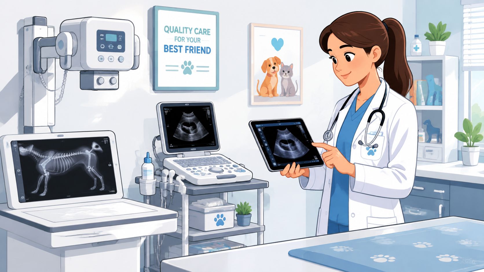 A friendly female veterinarian examining ultrasound results on a tablet in a modern animal clinic office.