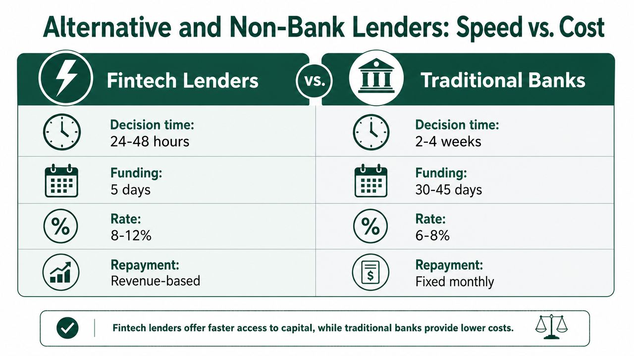 A comparison chart showing fintech lenders offer faster capital access while traditional banks have lower interest costs.