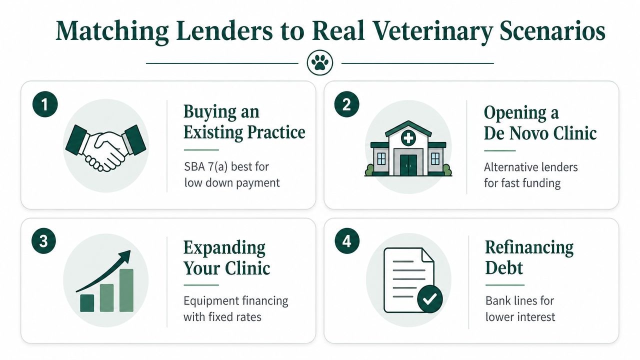 A diagram matching veterinary scenarios like buying or expanding a practice with appropriate financing solutions.