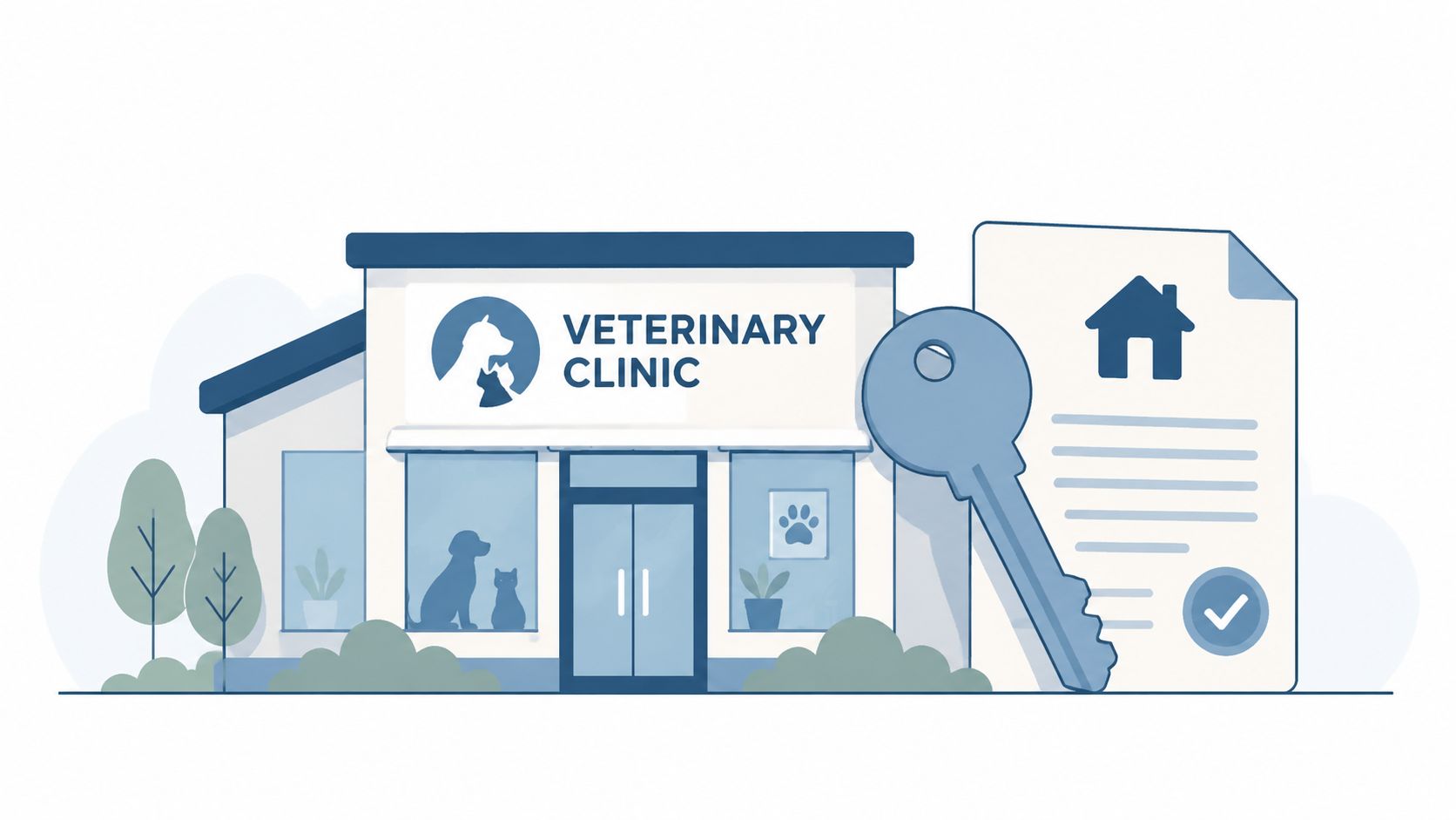A modern veterinary clinic building illustration with a large house key and a property document contract
