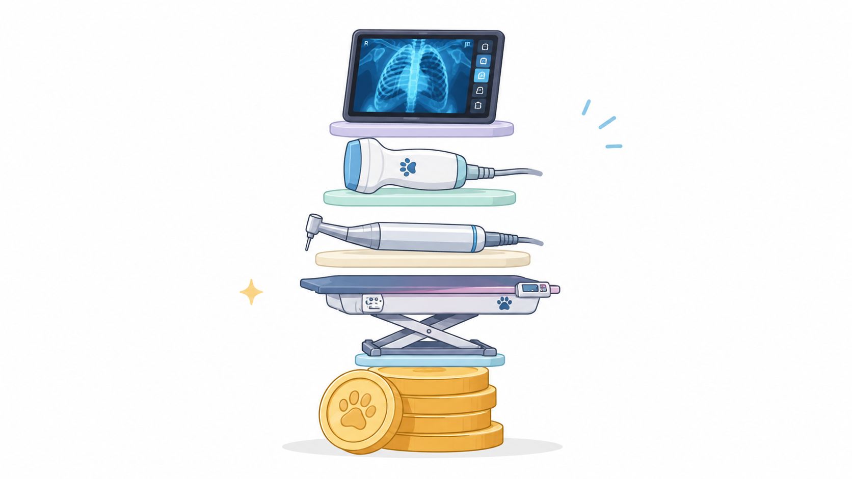 A stack of veterinary equipment including an X-ray monitor, ultrasound probe, dental tool, and table on coins.