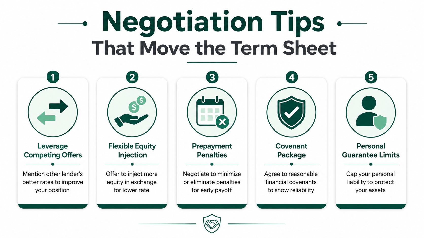 A five-point infographic detailing negotiation tips for improving business term sheets and securing better loan conditions.