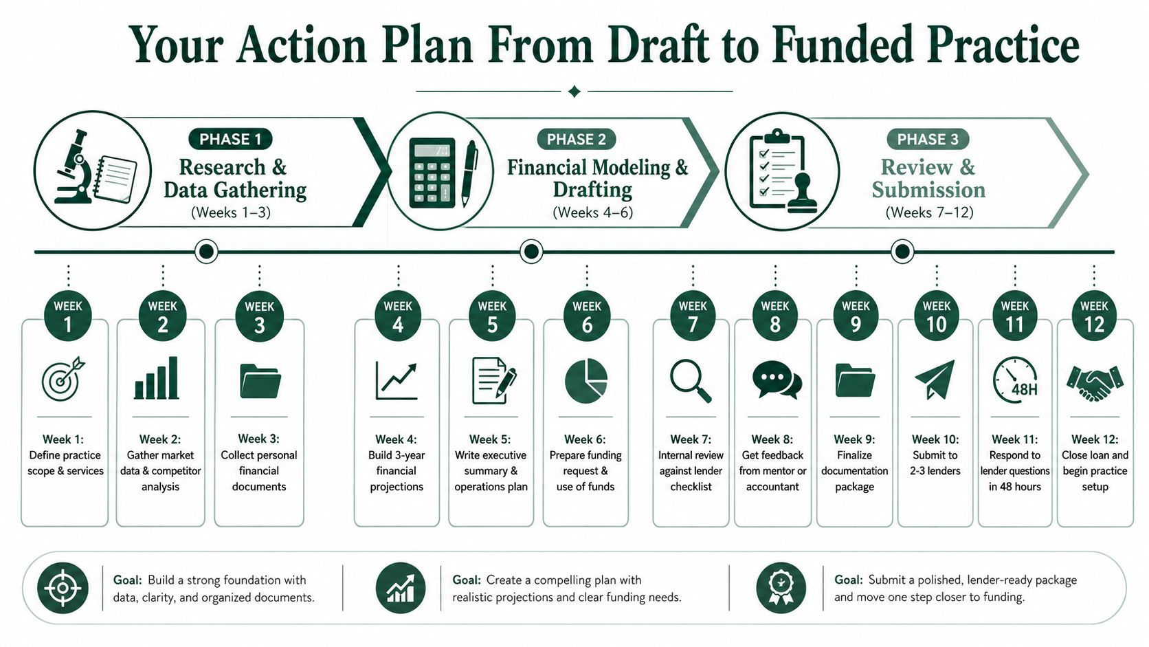 A twelve-week action plan timeline for organizing, drafting, and submitting a veterinary practice business funding application.