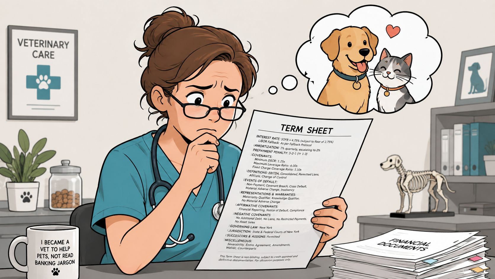 A worried veterinarian sitting at her desk, struggling to understand complex financial loan term sheet documents.