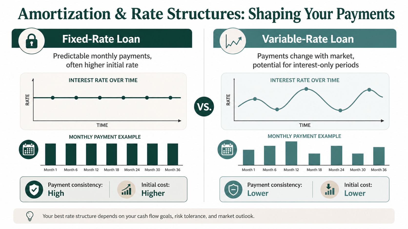 An infographic comparing fixed-rate and variable-rate loans, illustrating interest rate fluctuations and monthly payment examples.