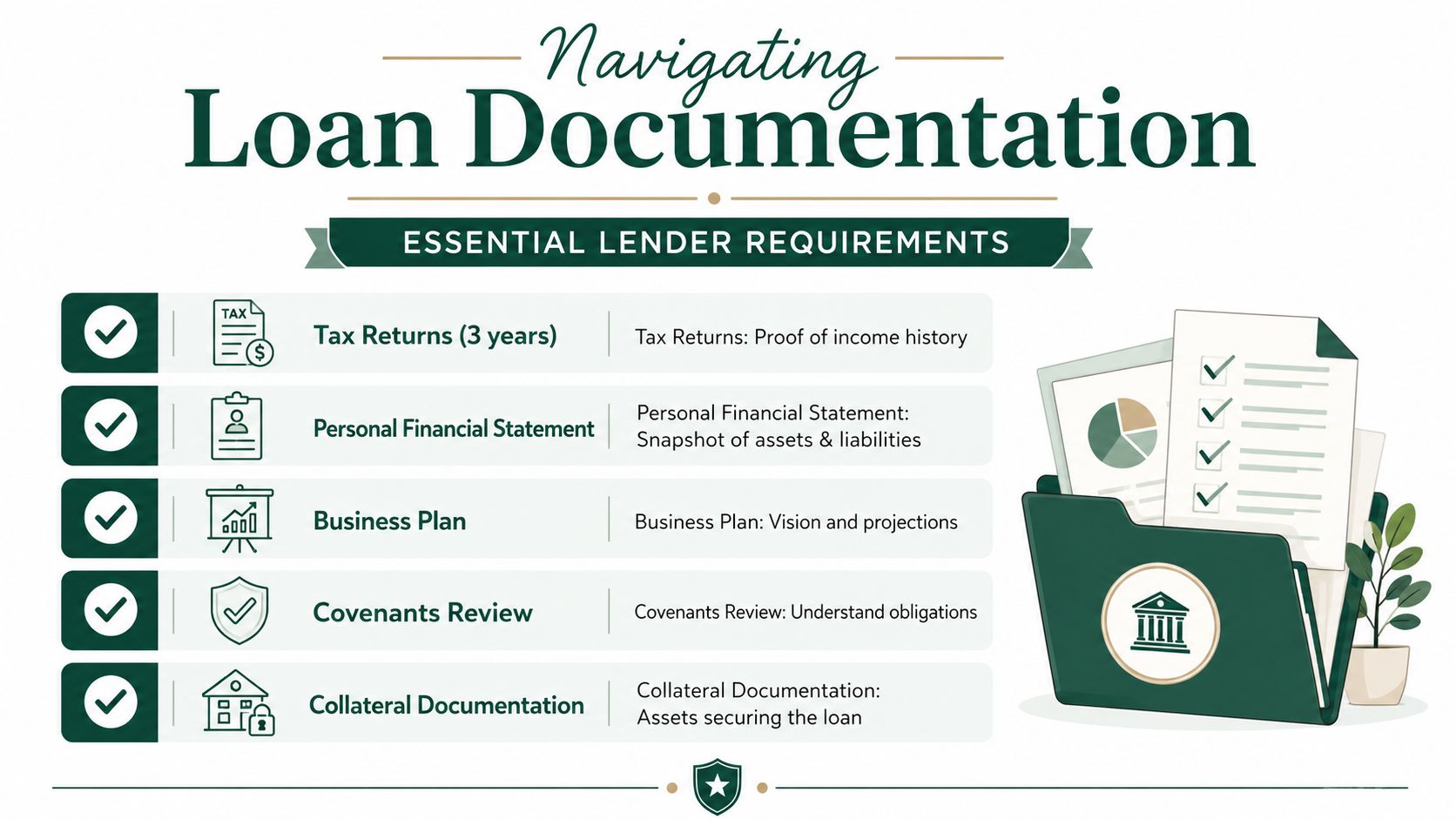 A professional infographic outlining essential lender requirements for loan documentation, including tax returns, business plans, and financial statements.