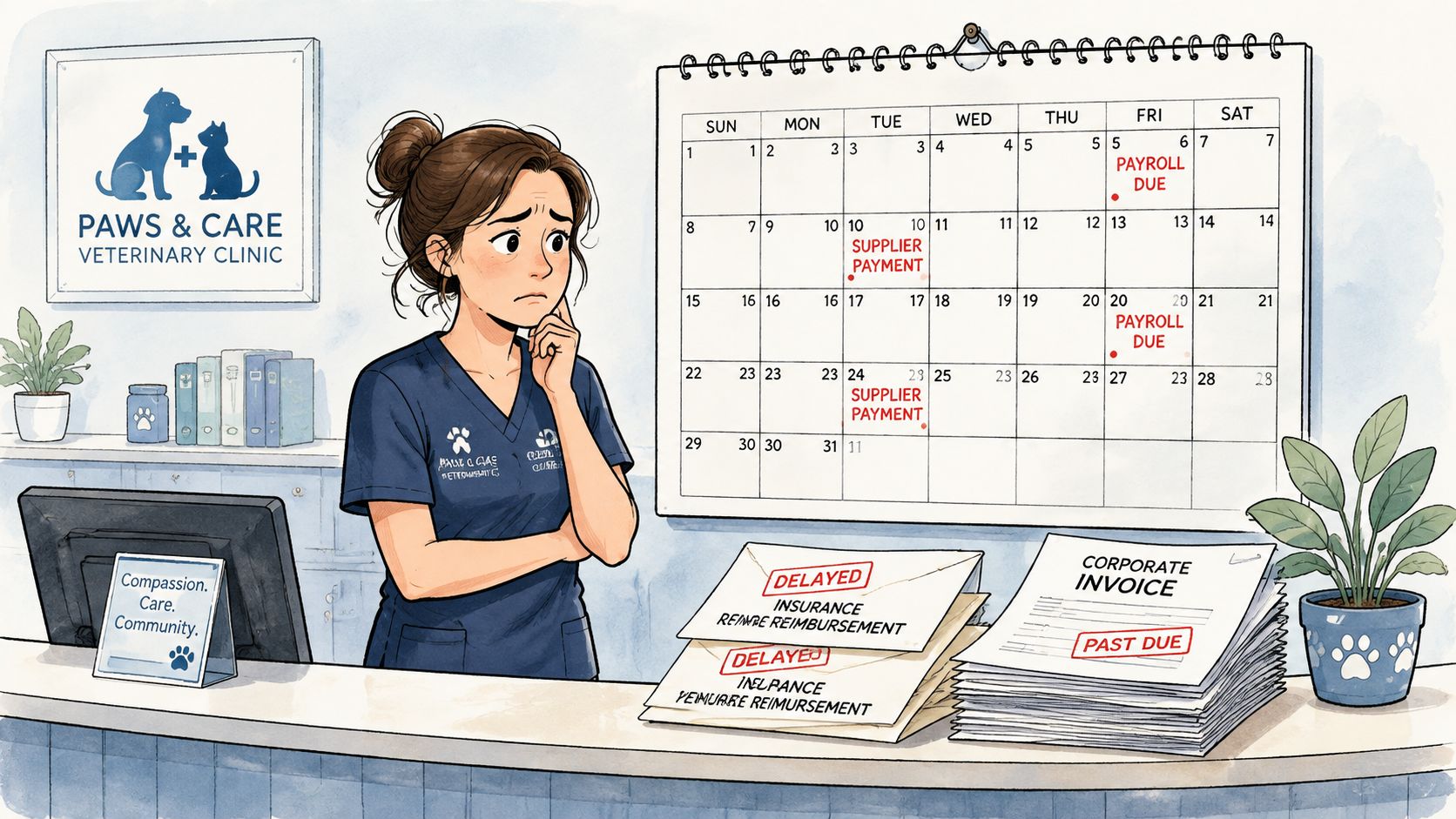 Stressed veterinarian looking at a busy calendar with payment deadlines and a pile of past due invoices.