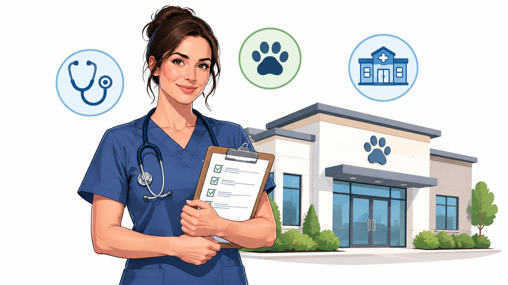 A professional veterinarian wearing blue scrubs holding a clipboard in front of a modern animal clinic.