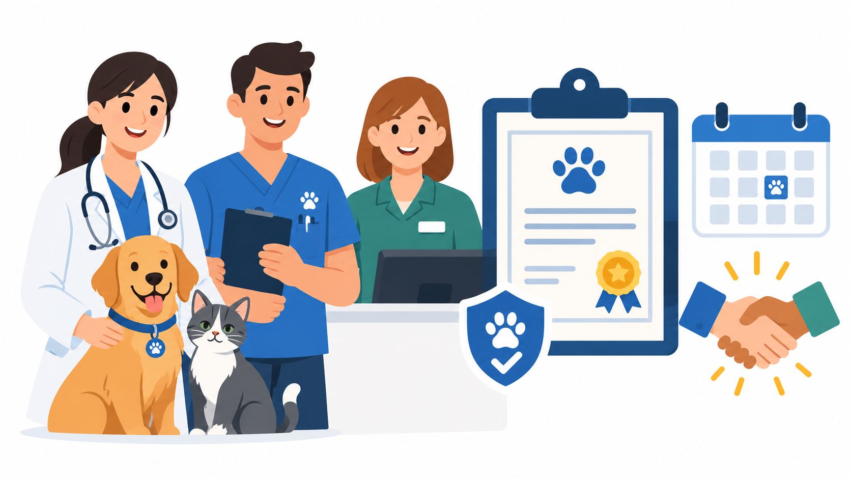 A professional veterinary team standing with a dog and cat next to medical documents and a calendar.