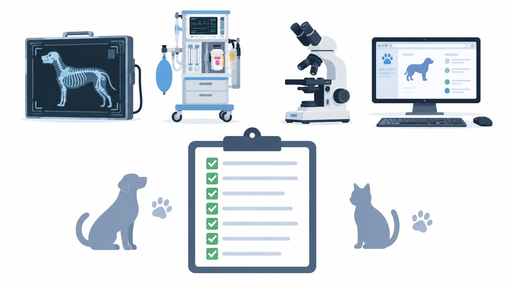 A collection of veterinary medical equipment, including an X-ray, anesthesia machine, microscope, computer, and a checklist.