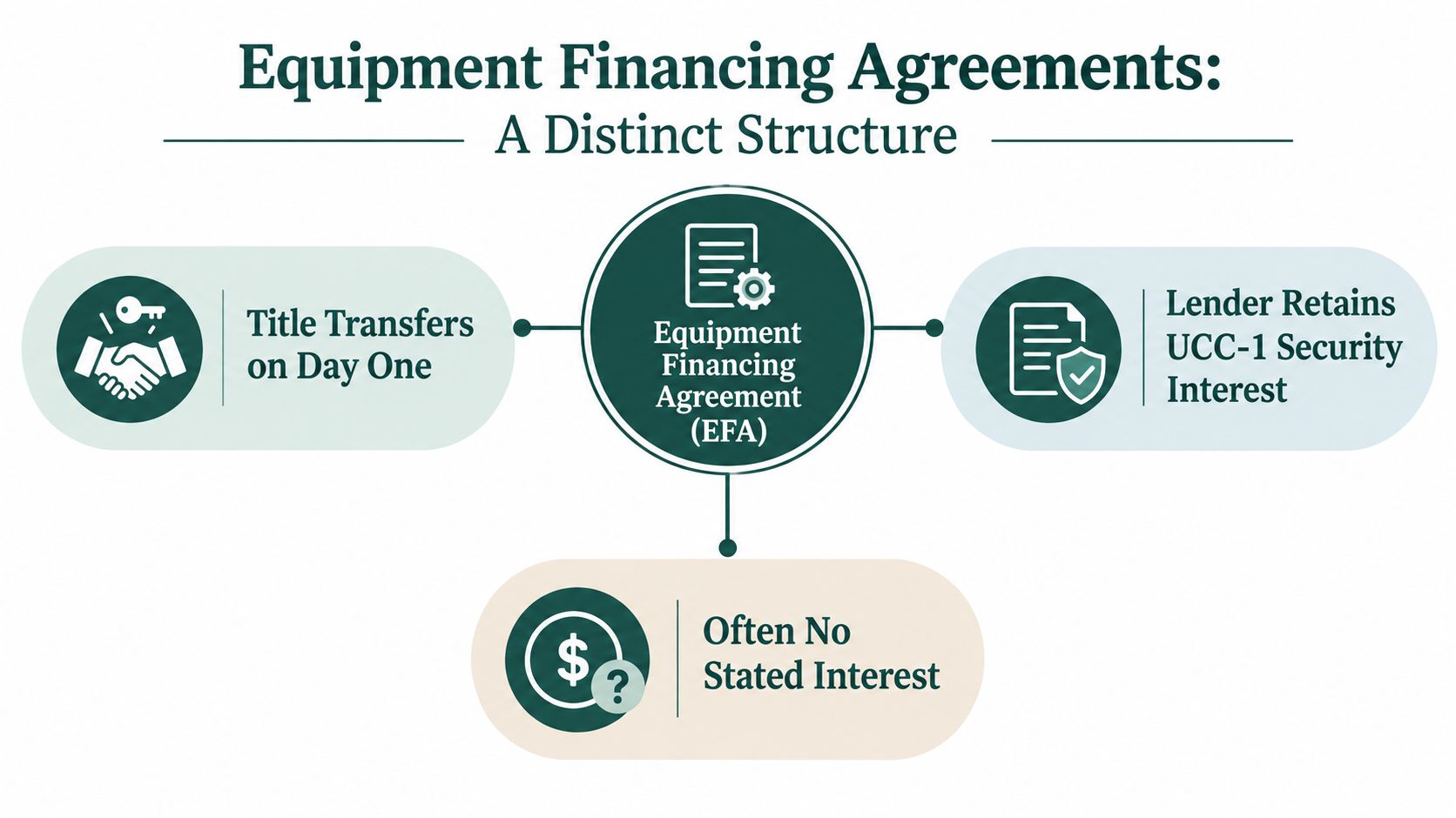 A diagram outlining the key features of an equipment financing agreement, including ownership transfer, security interest, and interest terms.