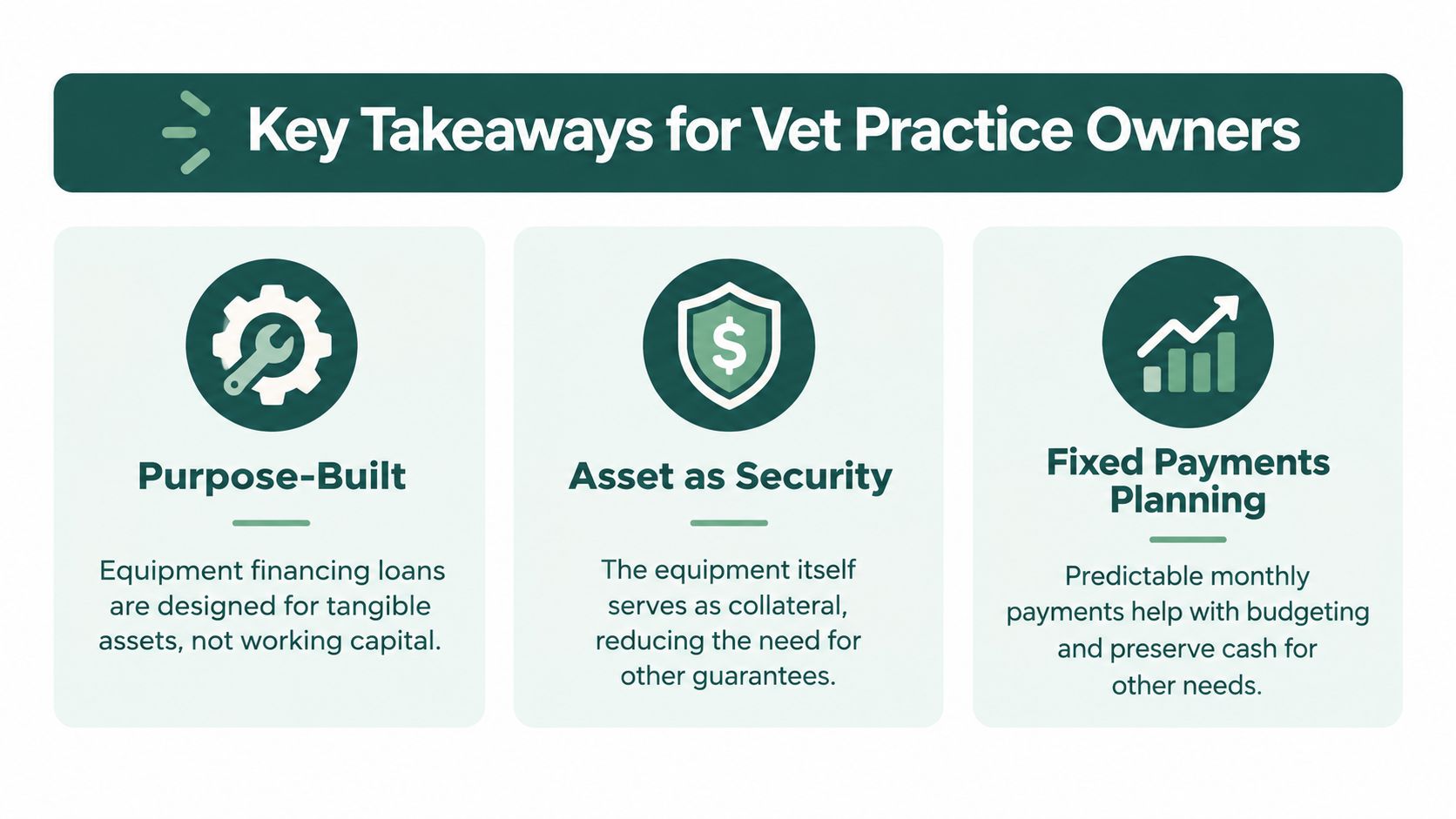 An infographic titled Key Takeaways for Vet Practice Owners, explaining equipment financing loans, collateral, and fixed payments.