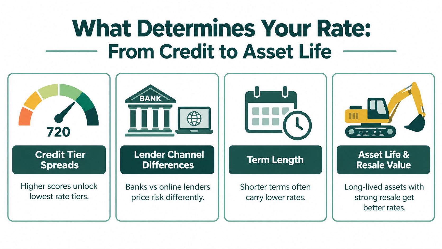 An infographic showing four key factors determining equipment financing rates: credit scores, lender types, terms, and assets.