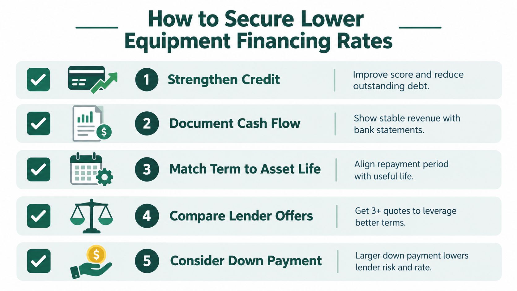 An infographic titled How to Secure Lower Equipment Financing Rates outlining five steps to improve loan terms.