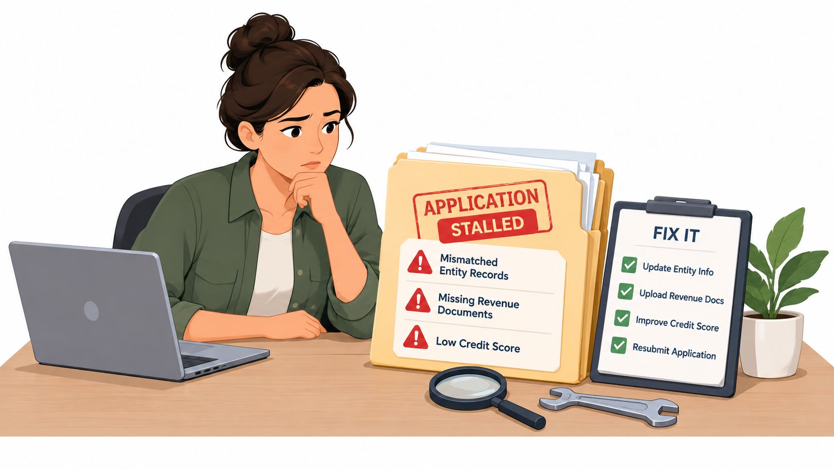 A concerned woman sitting at a desk reviewing stalled application files with a checklist for equipment financing.