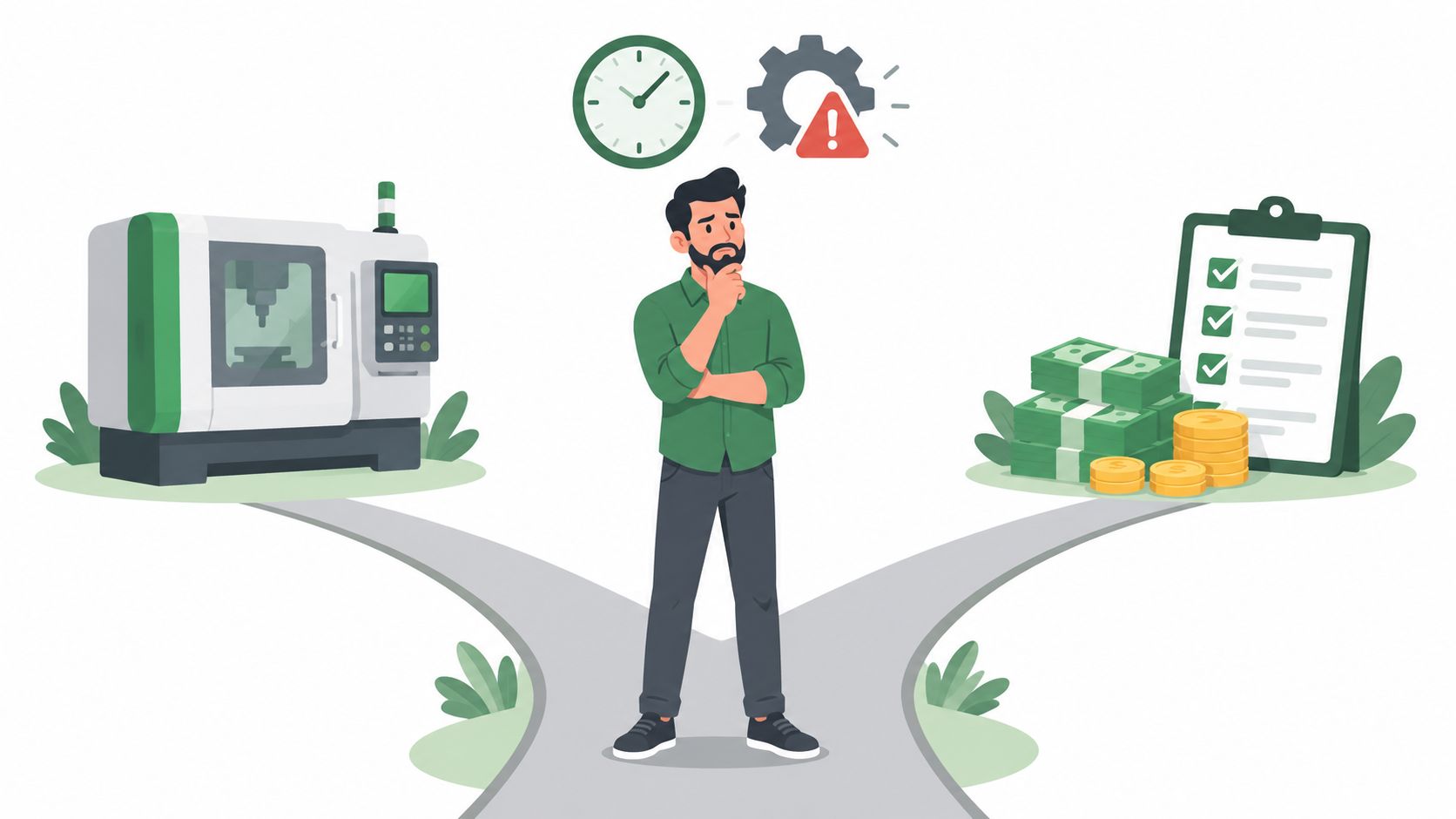 A businessman standing at a crossroads deciding between investing in industrial machinery or financial planning and savings.